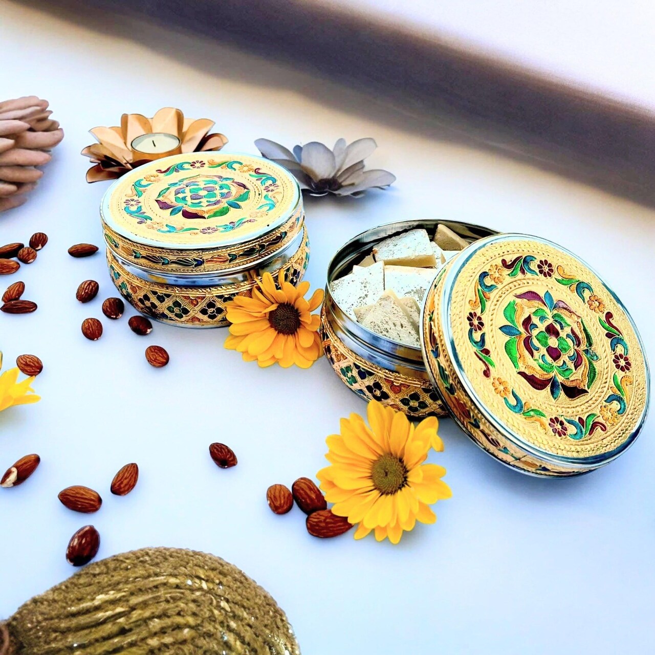 4 Ct 400 Grams Meenakari Stainless Steel Box Decorative Small Round Cookie Tin Indian Wedding Favor Container Dabba for Sweets Laddu Dryfruit Chocolate Multipurpose Storage Box - Housewarming Gift